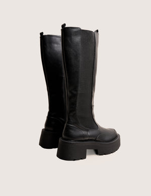 Evergreen Black Pu Knee High Elasticated Detail Chunky Heeled Sole Boots