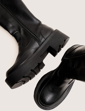 Evergreen Black Pu Knee High Elasticated Detail Chunky Heeled Sole Boots