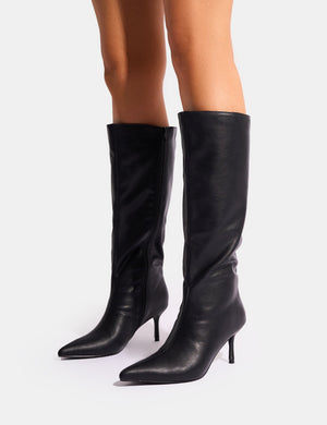 Amped Black Pointed Toe Mid Heel Knee High Boots