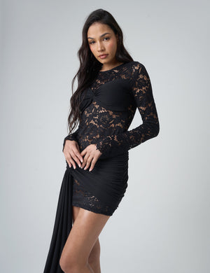 Drape Detail Lace Mini Dress Black