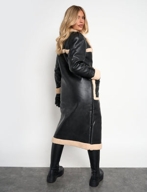 Borg Lined Faux Leather Maxi Aviator Coat Black