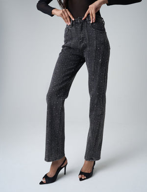 Embellished Straight Leg High Waisted Jeans Black