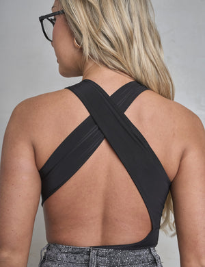 Cross Over Back Detail Luxe Slinky Bodysuit Black