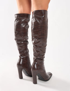 Acquilla Brown Croc Knee High Flared Heel Boots