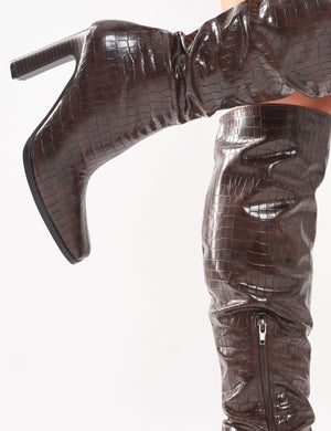 Acquilla Brown Croc Knee High Flared Heel Boots