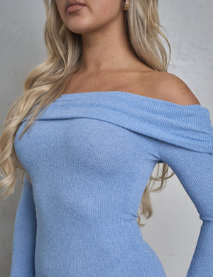 Long Sleeve Off The Shoulder Bardot Mini Dress Blue