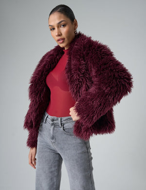 Short Shaggy Fur Jacket Burgundy