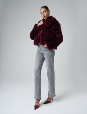 Short Shaggy Fur Jacket Burgundy