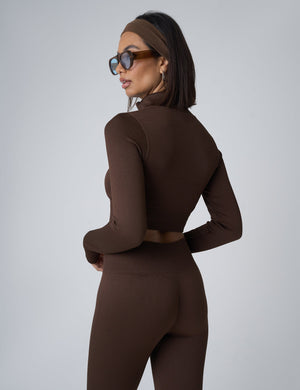 Ribbed Cropped Zip Long Sleeve Top Chocolate