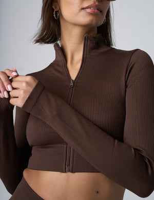 Ribbed Cropped Zip Long Sleeve Top Chocolate