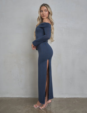 Long Sleeve Off The Shoulder Bardot Maxi Dress Navy