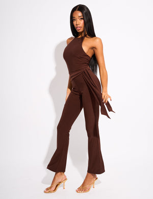 Tie Back Belted Jumpsuit Chocolate