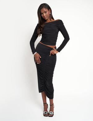 Ruched Bardot Long Sleeve Top Co Ord Black