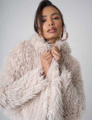 Cropped Shaggy Faux Fur Jacket Beige