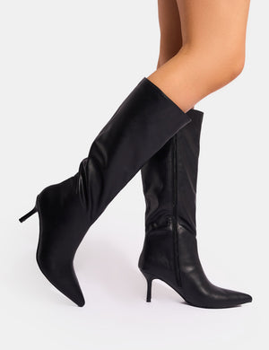 Amped Black Pointed Toe Mid Heel Knee High Boots