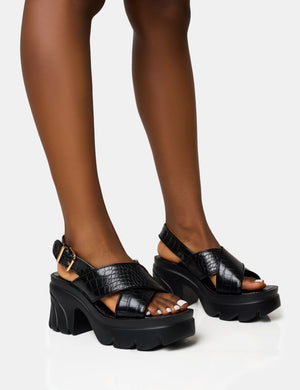 Flare Black Cross Strap Chunky Mid Heel Sandals