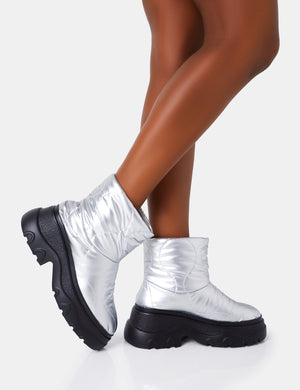 Frostbite Metallic Silver Nylon Quilted Chunky Sole Ankle Boots