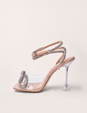 Glimmer Nude Wrap Around Diamante Bow Square Toe Heels