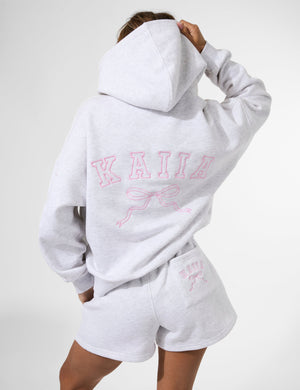 Kaiia Bow Embrodiered Sweat Shorts Light Grey Marl & Baby Pink