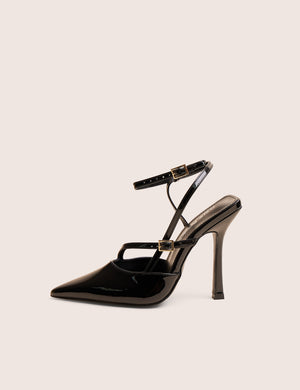 Idol Black Patent Buckle Strappy Detail Stiletto Pointed to Court High Heels