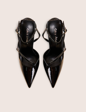 Idol Black Patent Buckle Strappy Detail Stiletto Pointed to Court High Heels