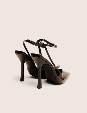 Idol Black Patent Buckle Strappy Detail Stiletto Pointed to Court High Heels