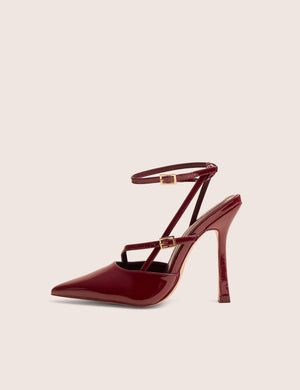 Idol Burgundy Patent Buckle Strappy Detail Stiletto Pointed to Court High Heels