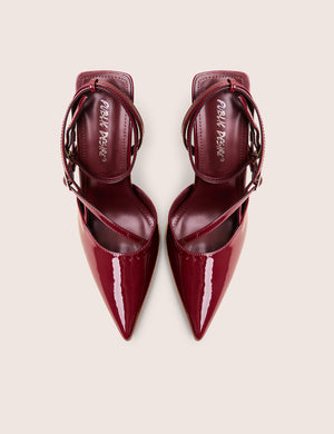 Idol Burgundy Patent Buckle Strappy Detail Stiletto Pointed to Court High Heels