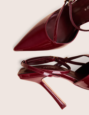 Idol Burgundy Patent Buckle Strappy Detail Stiletto Pointed to Court High Heels