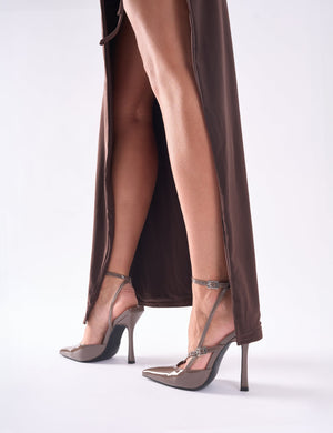 Idol Taupe Patent Buckle Strappy Detail Stiletto Court High Heels