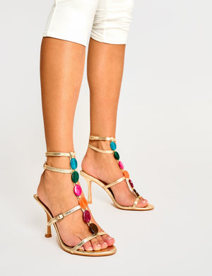 Irene Cracked Gold Pu Beaded T-bar Barely There Mid Heels