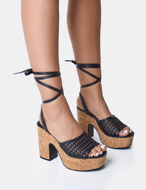 Jos Black Netted Lace Up Cork Platform Sandals