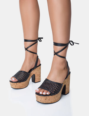 Jos Black Netted Lace Up Cork Platform Sandals