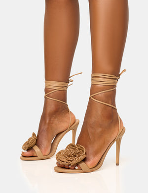 Karla Natural Raffia Flower Barely There Lace Up Stiletto Heel