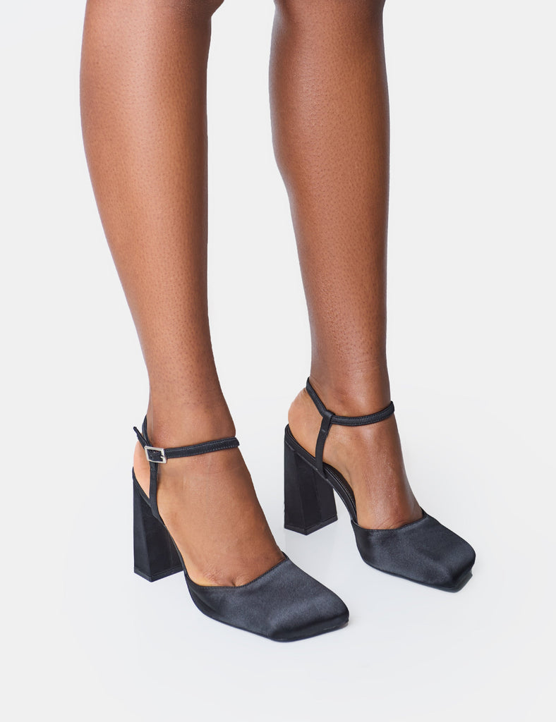 Leighton Black Satin Slant Toe Block Heels | Public Desire – Public ...