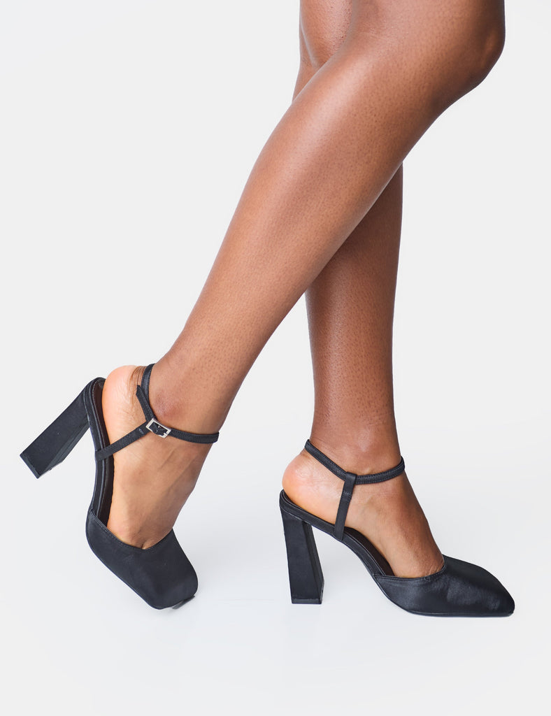 Leighton Black Satin Slant Toe Block Heels | Public Desire – Public ...
