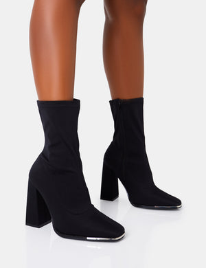 Liberty Wide FIt Black Lycra Sock Block Heeled Ankle Boots