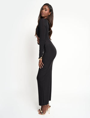 Slinky Metal Detail Long Sleeve Maxi Dress Black