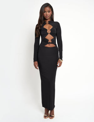 Slinky Metal Detail Long Sleeve Maxi Dress Black