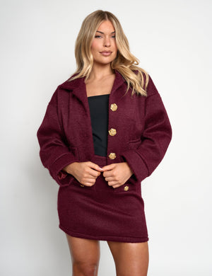 Faux Wool Gold Button Detail Jacket Co Ord Burgundy