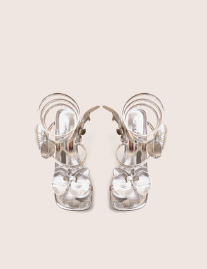 Lotus Silver Mirror & Silver Flower Trim Wrap Around Flared Stiletto High Heels