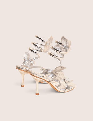 Lotus Silver Mirror & Silver Flower Trim Wrap Around Flared Stiletto High Heels