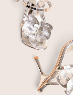 Lotus Silver Mirror & Silver Flower Trim Wrap Around Flared Stiletto High Heels