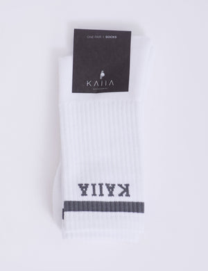 One Pair Kaiia Logo Sport Stripe Longline Socks White & Grey