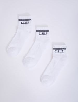 Pack of Three Kaiia Logo Sports Stripe Socks White & Grey