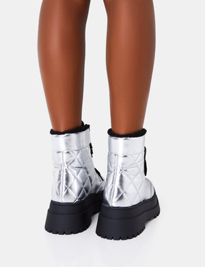 Magda Silver Crinkle Patent Quilted Faux Fur Lining Tie Up Chunky Sole Rounded Toe Ankle Boots