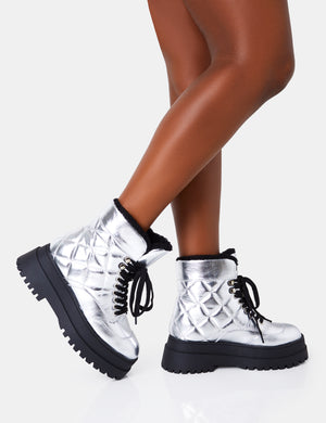 Magda Silver Crinkle Patent Quilted Faux Fur Lining Tie Up Chunky Sole Rounded Toe Ankle Boots