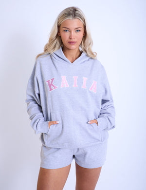 Kaiia Slogan Oversized Hoodie Grey Marl & Pink