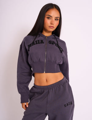 Kaiia Sport Logo Zip Through Cropped Hoodie Dark Grey