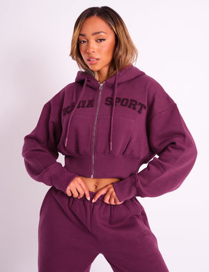 Kaiia Sport Logo Zip Through Cropped Hoodie Burgundy